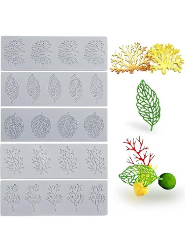 Fondant Molds 5pcs Leaf Silicone Molds 3D Coral Branch LeavesLace Pad Cake Mold, Chocolate Molds, Non-stick Polymer Clay Molds for Making Sugar Craft, Wax, Gum Paste, Cupcakes, Gray 11.8x3.93