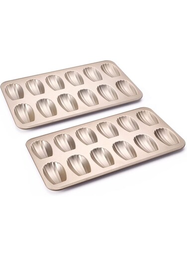 Nonstick Bakeware 2-Pack 12-Cavity Heavy Duty Cookie Trays, Oven Safe, Warp Resistant Crust Shape Mold Cake Pans, Champagne Gold