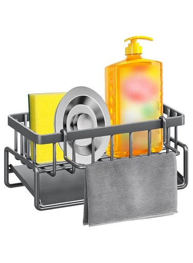 Kitchen Sink Caddy Organiser, Sink Organiser, Sponge Holder with Drain Pan, Used for Storing Sponges, Dishwashing Soap, Cloths, Etc (Gun Grey, Rectangle)