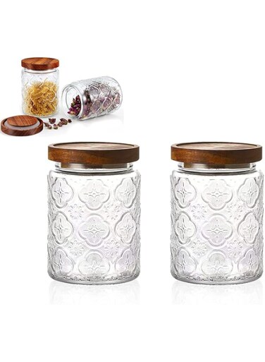 TERRIFI Glass Storage Jars Vintage, 24 oz Glass Food Storage Containers with Airtight Wooden Lid, Kitchen Glass Canister for Cookie Candy Coffee Oats Spice Flour Nuts 2 Pack