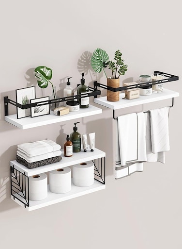 4Pcs Floating Wall Shelves, Solid Wood and Iron Wall-Mounted Storage Racks with Leaf-Shaped Metal Mesh &amp; Towel Bar, Multi-Tier Rustic Natural Wood Design for Bathroom, Kitchen, Bedroom, Laundry &amp; Living Room