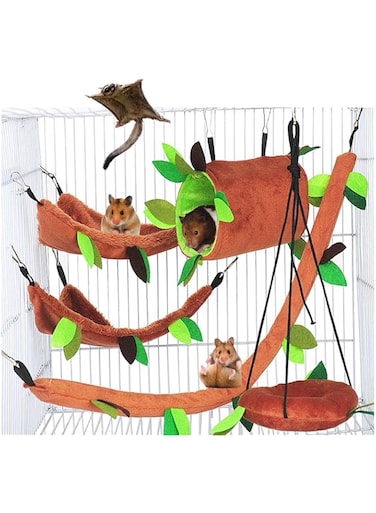 SYDA Hamster Hammock Small Animals Hanging Warm Bed House Rat Cage Nest Accessories Toy Hanging Tunnel and Swing for Sugar Glider Squirrel Playing Sleeping, Pack of 5