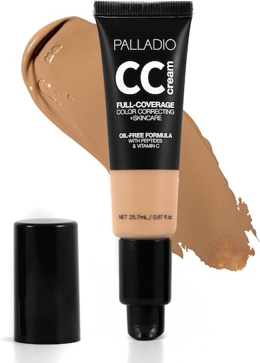 Palladio CC Cream, 25.7ml, Full-Coverage Color Correcting + Skincare, Oil-Free Formula With Peptides &amp; Vitamin C, Tan 40W