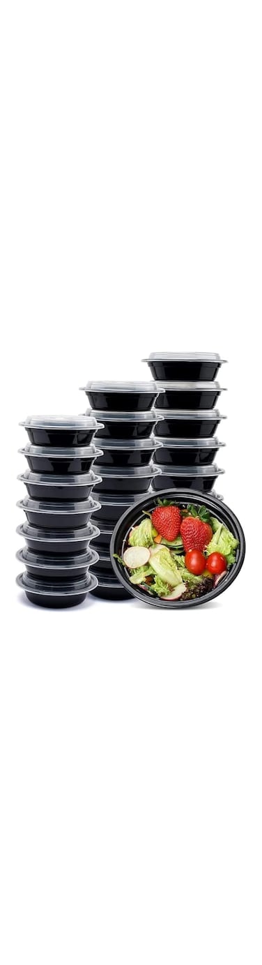 [5 Pack] Compartment Round Black Base with Lids Food Storage Container(32 oz) R0 32   Disposable Food Container   Meal Preparation Containers   Lunch Boxes Microwave   Freezer Safe (1 - Compartment)