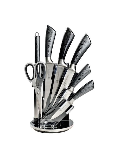 8 Pcs Knife Set   Knife Set With Roating Stand   Carbon Stainless Steel Kitchen Knife Set with Sharpener- 8 Pieces, Silver-Black Color