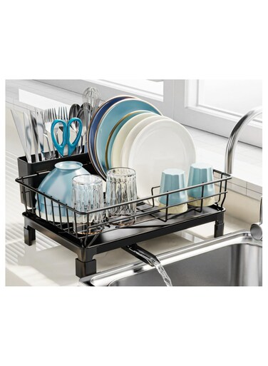 Small Dish Drying Rack in Sink - Kitchen Counter Dish Rack for RV Small Kitchen, 14.9 x 10.1 Dish Drainer with Drainboard, Utensil Holder, Dish Holder for Sink, Black