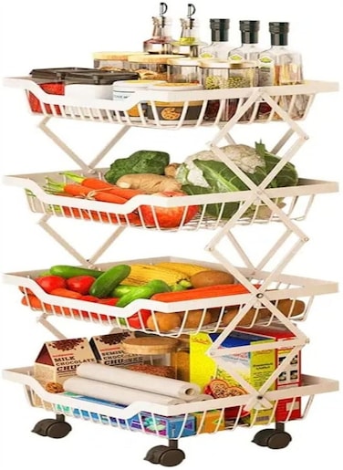 Kitchen 4-tier Fruit and Vegetable Storage Basket Rack is Foldable and Removable With Lockable Wheels