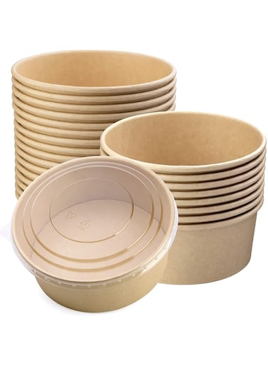 Giwrmu 37 oz 25 Pcs Paper Salad Bowls with Clear Lids, 1100 ML Disposable Food Containers, Round Shape Kraft Paper Food Cups for Salad, Ice Cream, Yogurt