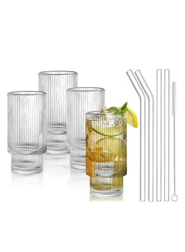 Set of 4 - 450 ML Ribbed Drinking Glasses with Glass Straws