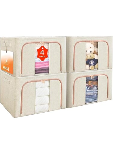 66L Clothes Storage Bag,4 Pack Foldable Steel Frame Closet Organizers Storage Containers,Stackable Metal Frame Clothes Container Organizer with with Zipper Clear Window,Durable Handles (Beige)