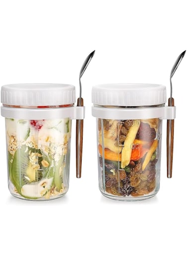 ALMEKAQUZ Overnight Oats Containers with Lids and Spoons, 16 OZ Mason Jars with handle for Overnight Oats Jar Glass Oatmeal Containers for Yogurt, Fruit, Salad, Convenient for Use On The Go(White)