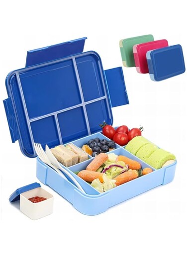 FALAHOM Lunch Box for Kid School - 1330ml Leakproof 6 Compartments with Food Utensils for Back to School, Book-Style Lunch Snack Containers for Toddler Daycare (Royal Blue)