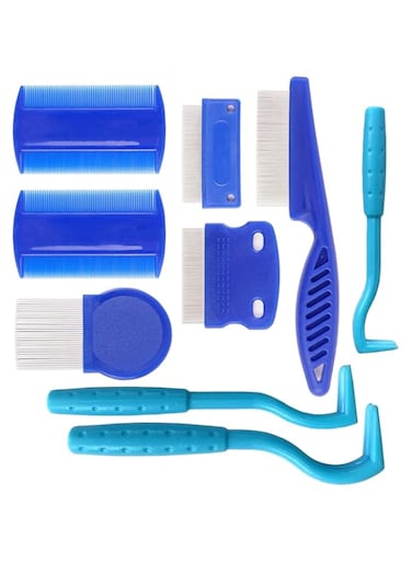 CHAVA Pet Flea Combs Set, 9pcs Lice Combs and Tick Removal Tools Kit, Fine Tooth Floating Hair Grooming Combs Double Sided Dog Cat Tear Stain Combs for Removal Dandruff Eye Crust and Mucus