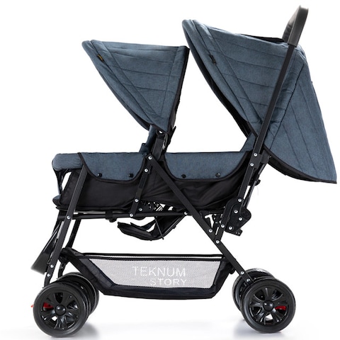 Teknum Double Baby Stroller with Hooks - Grey