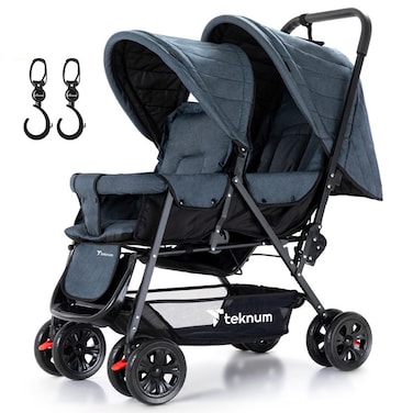 Teknum Double Baby Stroller with Hooks - Grey