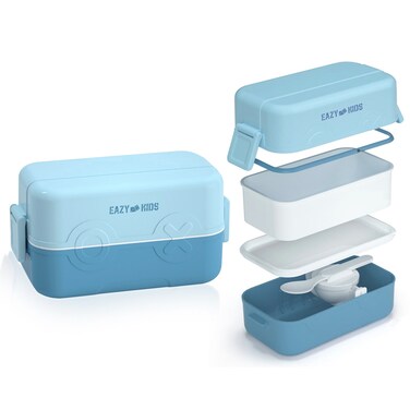 Eazy Kids Double Decker tic - tac - toe Lunch Box w/Bento Compartment Splitter Sauce Box and Spoon - Blue (1200ml)