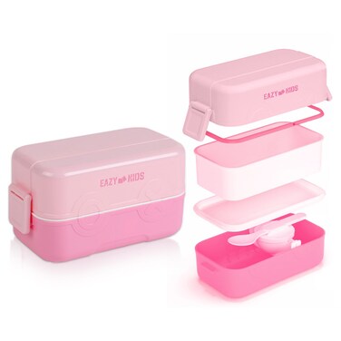 Eazy Kids Double Decker tic - tac - toe Lunch Box w/Bento Compartment Splitter Sauce Box and Spoon - Pink (1200ml)