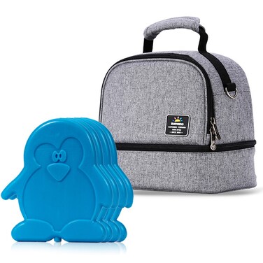 زجاجة/حقيبة غداء معزولة من Sunveno مع مجموعة 4 قطع من Penguin Ice Pack - رمادي