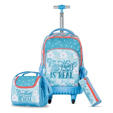 Eazy Kids 18" 4-Wheel Trolley School Set w/ Lunch Bag and Pencil case &ndash; Flora Edition
