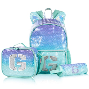 Eazy Kids 17" Set of 3 Backpack w/ Lunch Bag and Pencil Case - Girl Glitter Green