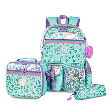 Eazy Kids 17" School Bag Set of 3 w/ Lunch Bag and Pencil Pouch - Love Green