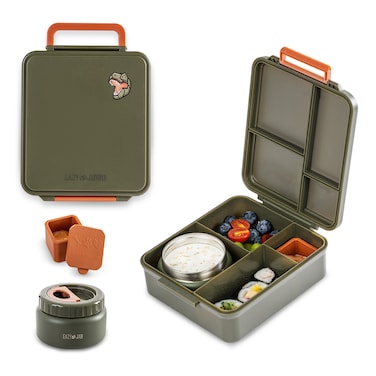 Eazy Kids Jumbo Bento Lunch Box w/ Thermos &amp; Dip Jar- Green