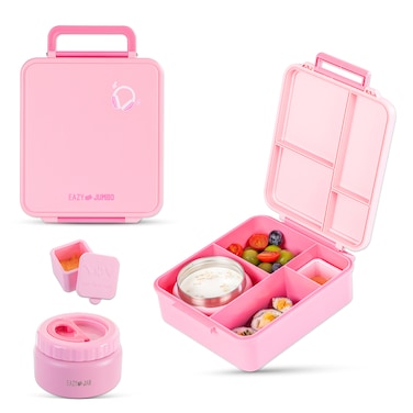 Eazy Kids Jumbo Bento Lunch Box w/ Thermos &amp; Dip Jar- Pink