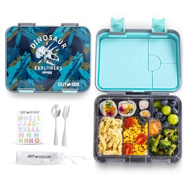 Eazy Kids 6 &amp; 4 Convertible Bento Lunch Box w/ Steel Spoon &amp; Fork Set and Alphabets Sticker - T-Rex Grey