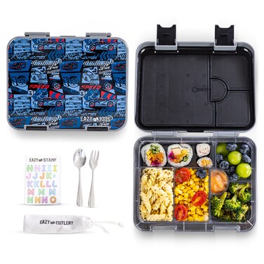 Eazy Kids 6 &amp; 4 Convertible Bento Lunch Box w/ Steel Spoon &amp; Fork Set and Alphabets Sticker - Car Racing Blue