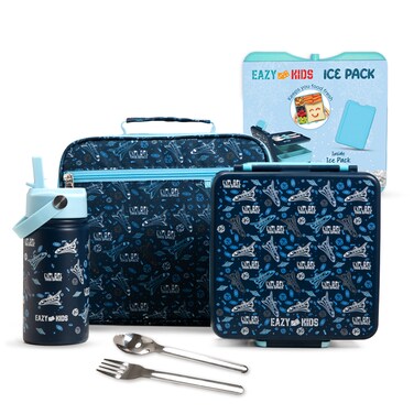 Eazy Kids Jumbo Bento Lunch Box w/ 360ml Steel Water Bottle, Spoon &amp; Fork Set, and Insulated Lunch Bag - Aircraft Blue