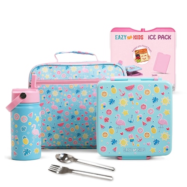 Eazy Kids Jumbo Bento Lunch Box w/ 360ml Steel Water Bottle, Spoon &amp; Fork Set, and Insulated Lunch Bag - Flamingo Pink