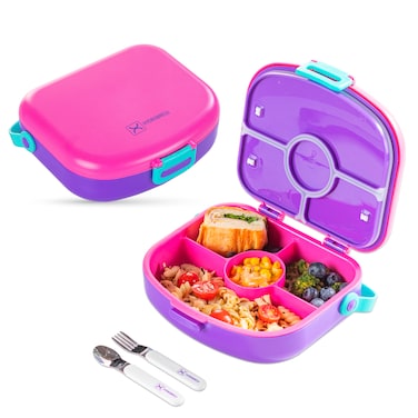 HYDROBREW 4 Compartment Bento Lunch Box w/ Spoon &amp; Fork Set - Fuchsia