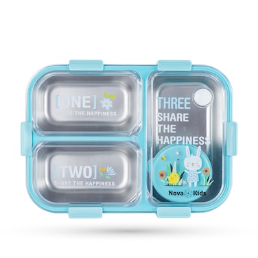 Nova Kids Stainless Steel 3 Compartment Bento Lunch Box w/ Spoon &amp; Fork Set - Blue