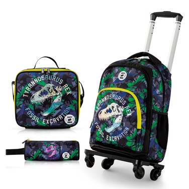 Eazy Kids 17" Set of 4 Backpack w/ 4 Wheel Trolley, Lunch Bag and Pencil Case - T-Rex