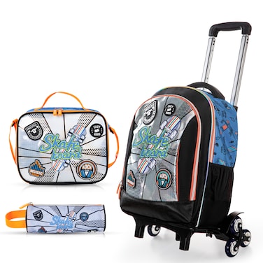 Eazy Kids 17" Set of 4 Backpack w/ Trolley, Lunch Bag and Pencil Case - Skate Board