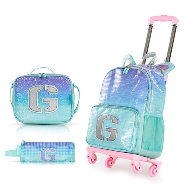 Eazy Kids 17" Set of 4 Backpack w/ 4 Wheel Trolley, Lunch Bag and Pencil Case - Girl Glitter Green