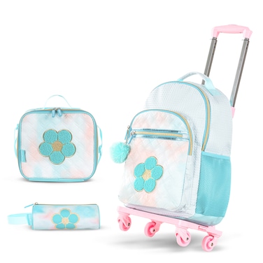 Eazy Kids 18" Set of 4 Backpack w/ 4 Wheel Trolley, Lunch Bag and Pencil Case - Flora Green