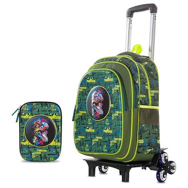 Eazy Kids School Bag w/ Trolley, Pencil Case 16" - Dino Green