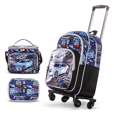 Eazy Kids 18" Set of 4 Backpack w/ 4 Wheel Trolley, Lunch Bag and Pencil Case - Car Racing