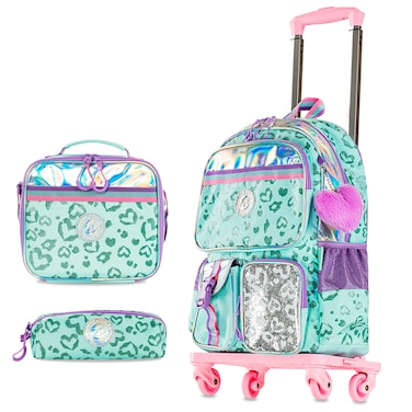 Eazy Kids 17" School Bag Set of 4 w/ 4 Wheel Trolley, Lunch Bag and Pencil Pouch - Love Green