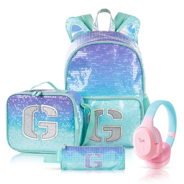 Eazy Kids 17" Set of 4 Backpack w/ BT Headset, Lunch Bag and Pencil Case - Girl Glitter Green