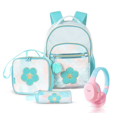 Eazy Kids 18" Set of 4 Backpack w/ BT Headset, Lunch Bag and Pencil Case - Flora Green