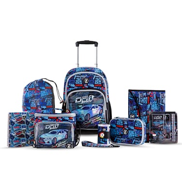 Eazy Kids 18" Set of 9 Backpack w/ 4 Wheel Trolley, Lunch Bag and Pencil Case - Car Racing