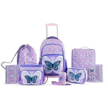 Eazy Kids 18" Set of 9 Backpack w/ 4 Wheel Trolley, Lunch Bag and Pencil Case - 3D Butterfly Purple