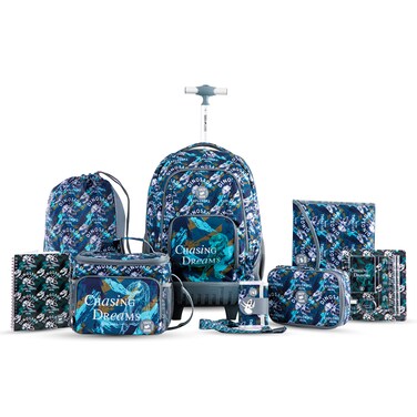 Eazy Kids 18" Set of 8 Trolley Backpack w/ Lunch Bag and Pencil Case-T Rex