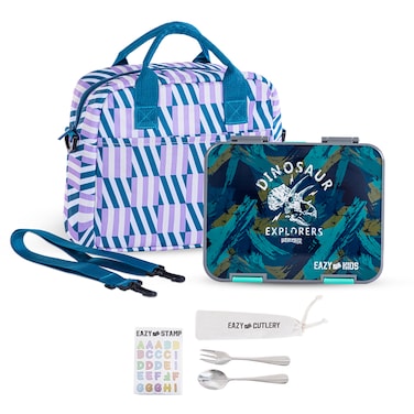 Eazy Kids 6 &amp; 4 Convertible Bento Lunch Box w/ Lunch Bag, Steel Spoon &amp; Fork Set and Alphabets Sticker - T-Rex Grey