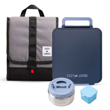 Eazy Kids Jumbo Bento Lunch Box w/ Lunch Bag, Thermos &amp; Dip Jar- Grey