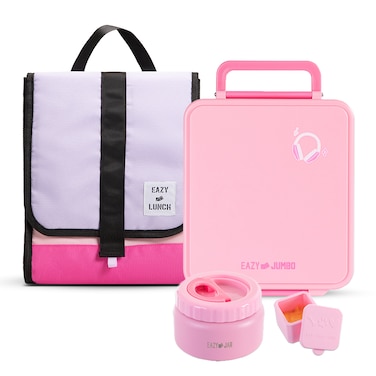 Eazy Kids Jumbo Bento Lunch Box w/ Lunch Bag, Thermos &amp; Dip Jar- Pink