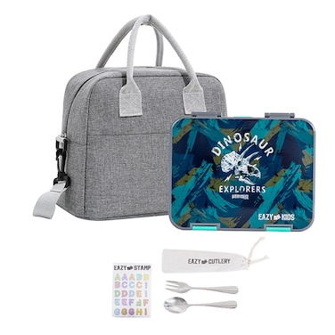 Eazy Kids 6 &amp; 4 Convertible Bento Lunch Box w/ Lunch Bag, Steel Spoon &amp; Fork Set and Alphabets Sticker - T-Rex Grey