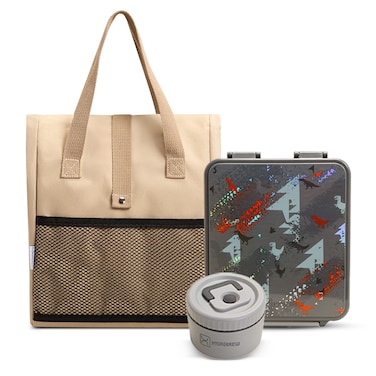HYDROBREW Bento Lunch Box w/ Lunch Bag, Steel Food Jar - Dinosaurs Grey